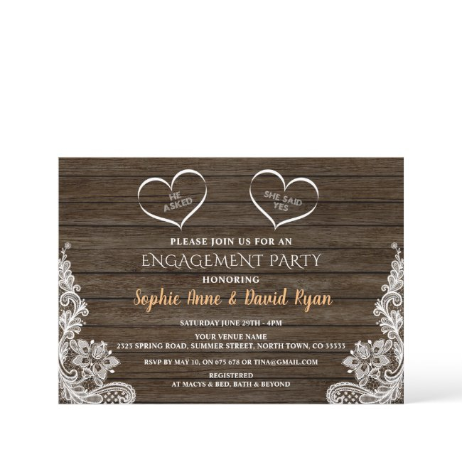 He Asked She Said Yes Lace Wood Engagement Invitation