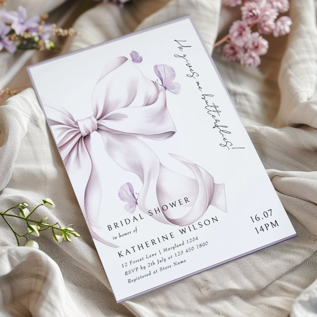 He Gives Me Butterflies Purple Bow Bridal Shower Invitation