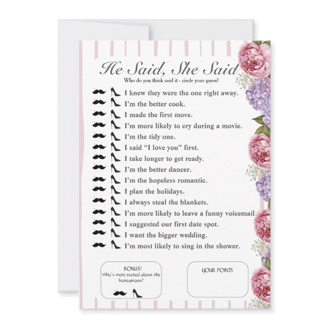 He Said, She Said Bridal Shower Floral Game Invitation