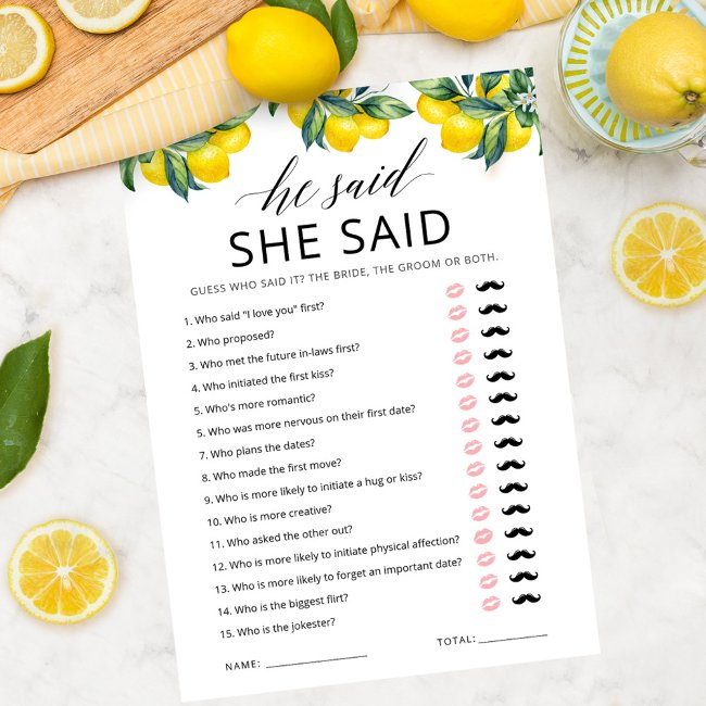 He Said, She Said Game Invitations Lemon Bridal Shower