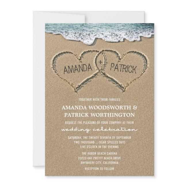 Hearts In The Sand Beach Shore Wedding Invitations