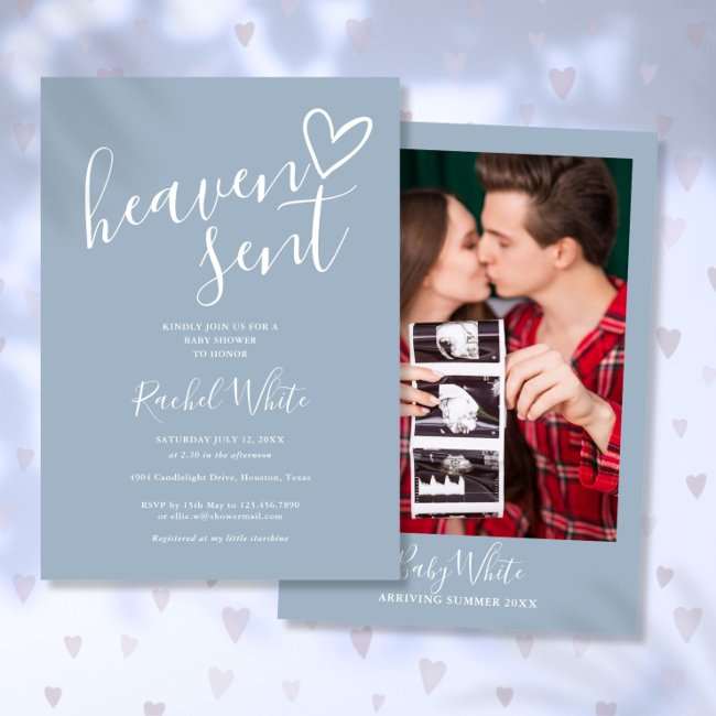 Heaven Sent Dusty Blue Photo Boy Baby Shower Invitation