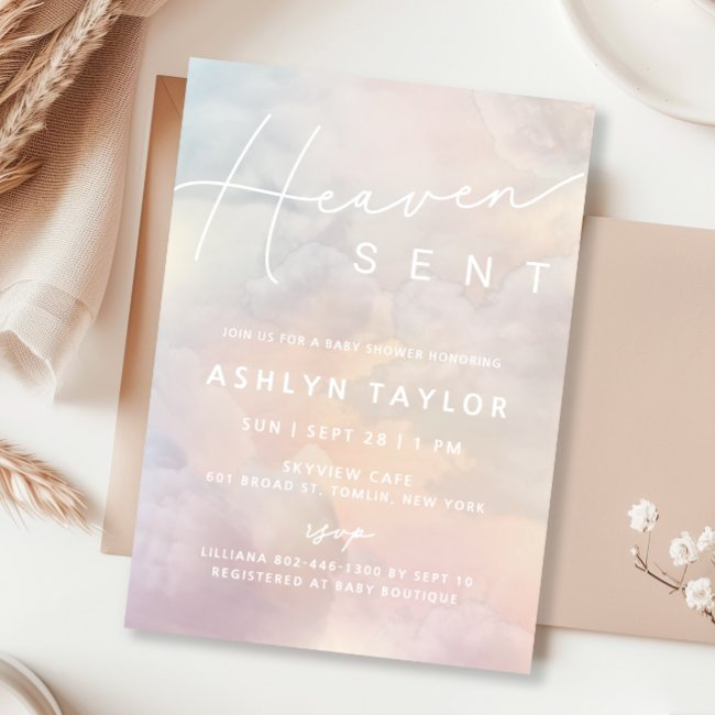 Heaven Sent Watercolor Sky Baby Shower Invitation