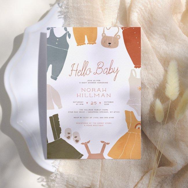 Hello Baby | Cute Boho Clothes Girl Baby Shower Invitation
