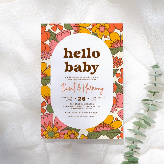 Hello Baby | Groovy Retro Flowers Boho Baby Shower Invitation