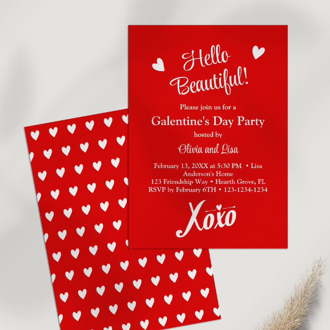 Hello Beautiful! Red Xoxo Galentine's Day Party Invitation
