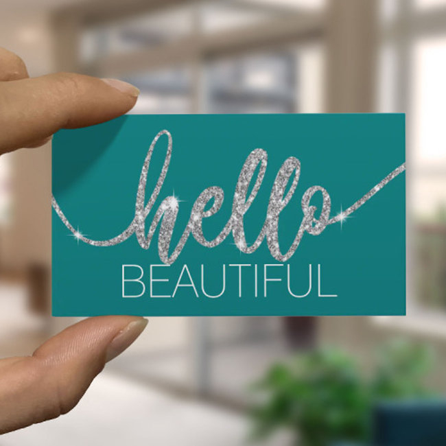 Hello Beautiful Typography Beauty Salon Turquoise Business Invitations