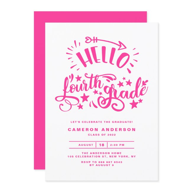 Hello Fourth Grade | Pink Third Grade Graduation Invitation