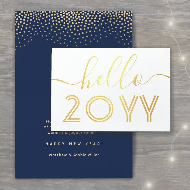 Hello Navy Blue & Gold Confetti Happy New Year Foil Invitations