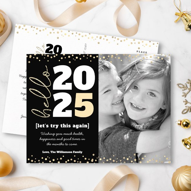 Hello New Year Photo Black Gold Modern Custom Year Holiday Postinvitations