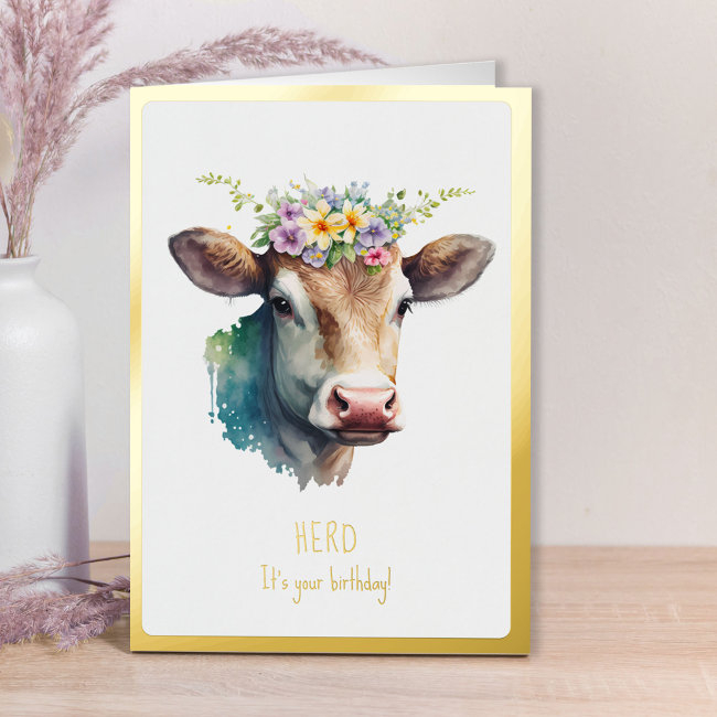 Herd It's Your Birthday Funny Floral Cow Gold Foil Greeting Invitations