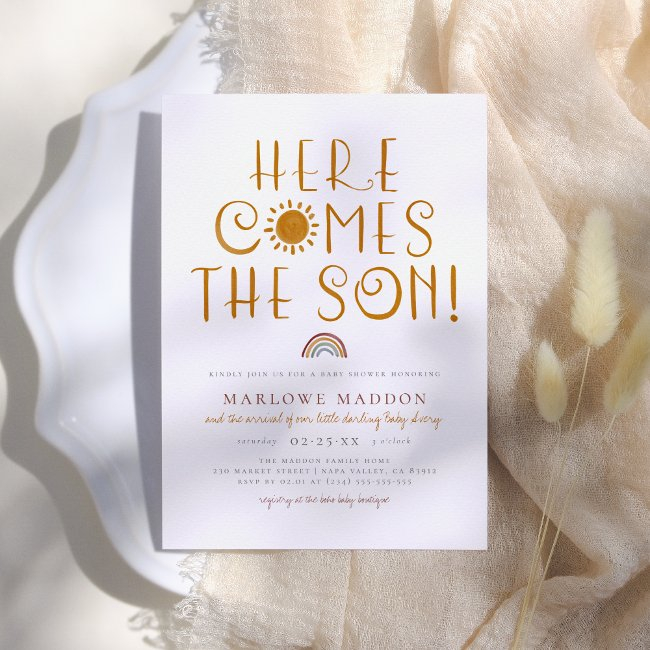 Here Comes The Son | Boho Rainbow Boy Baby Shower Invitation