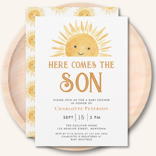 Here Comes The Son Yellow Sunshine Baby Shower Invitation