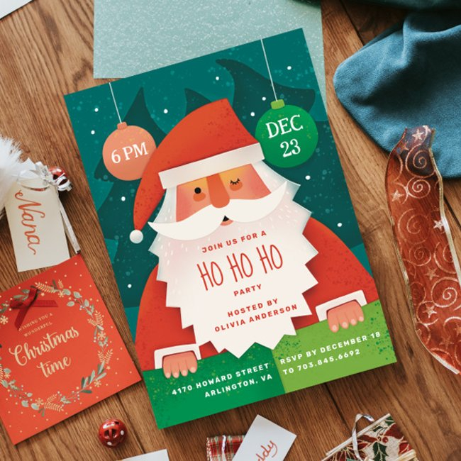 Ho Ho Ho Christmas Party | Cute Santa Holiday Invitation