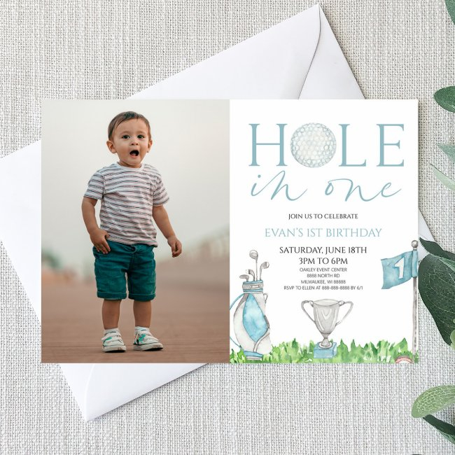 Hole In One Blue Golf Picture 1st Birthday Party Invitation