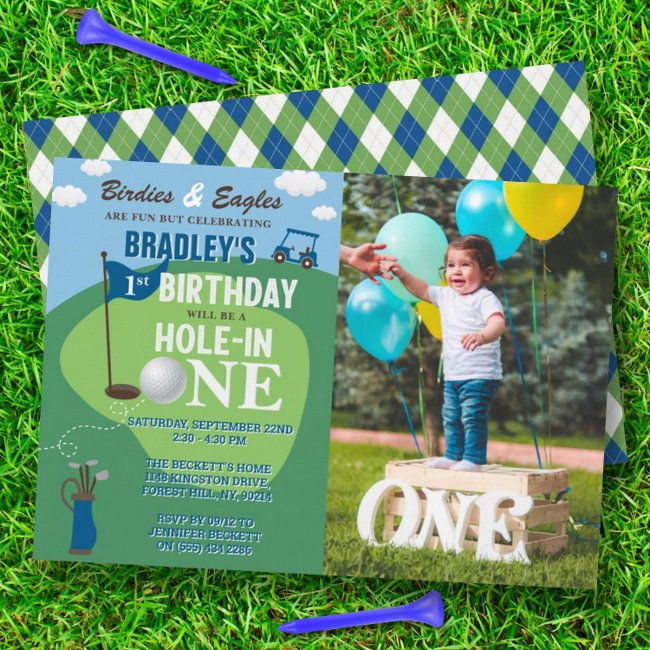 Hole In One Golf 1st Birthday Photo Invitation