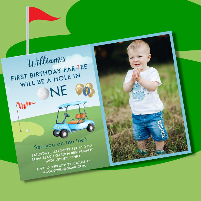 Hole In One Photo Boy Golf Par-tee 1st Birthday Invitation