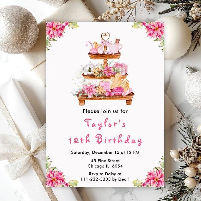 Holiday Christmas Tea Birthday Party Pink Invitation