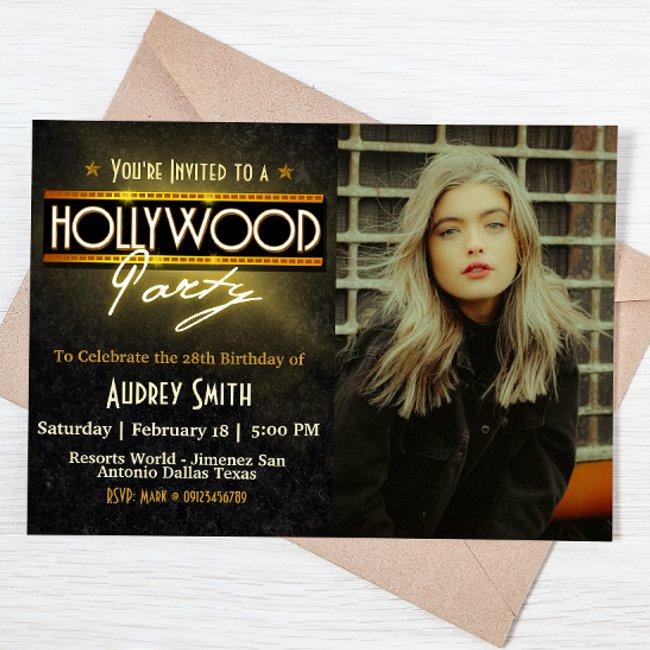 Hollywood Party With Picture Birthday Invitation