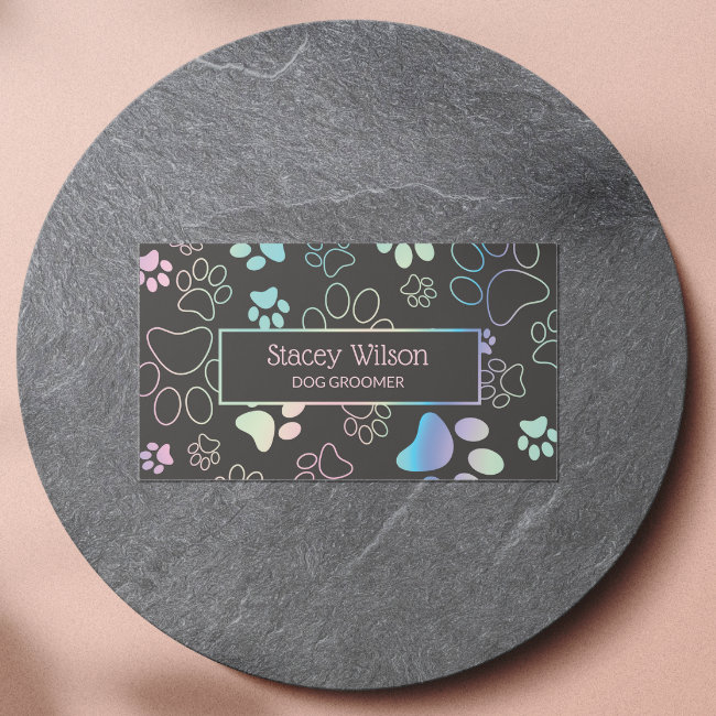Holographic And Charcoal Paw Print Pet Groomer Business Invitations