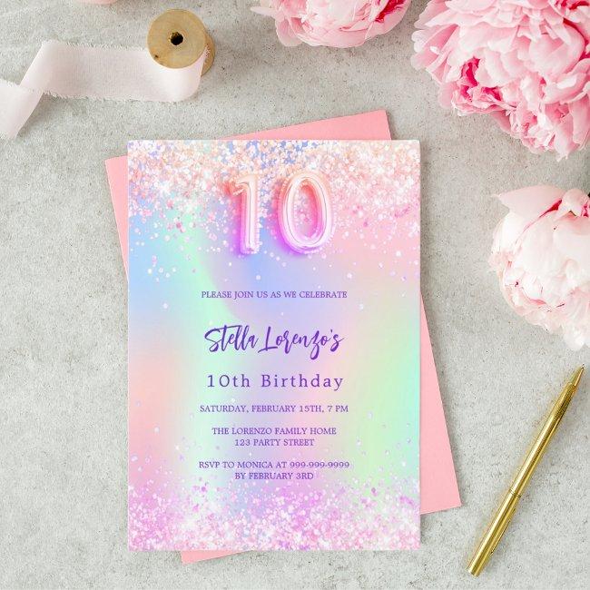 Holographic Pink Purple Drips 10th Birthday Invitation