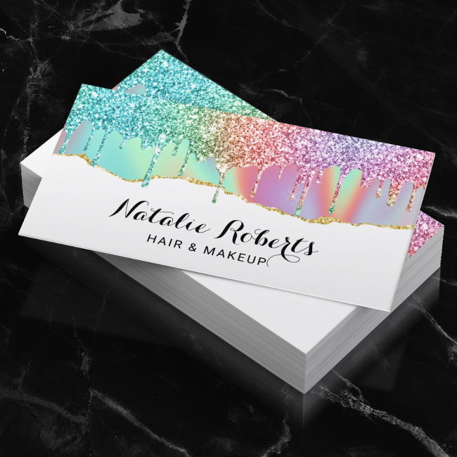 Holographic Unicorn Glitter Drips Beauty Salon #2 Business Invitations