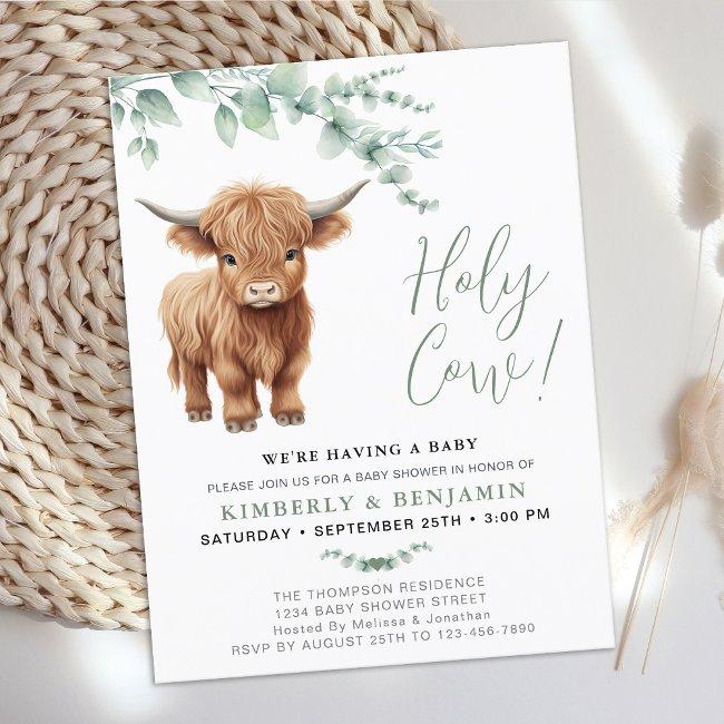 Holy Cow Greenery Highland Cow Couples Baby Shower Invitation Postinvitations