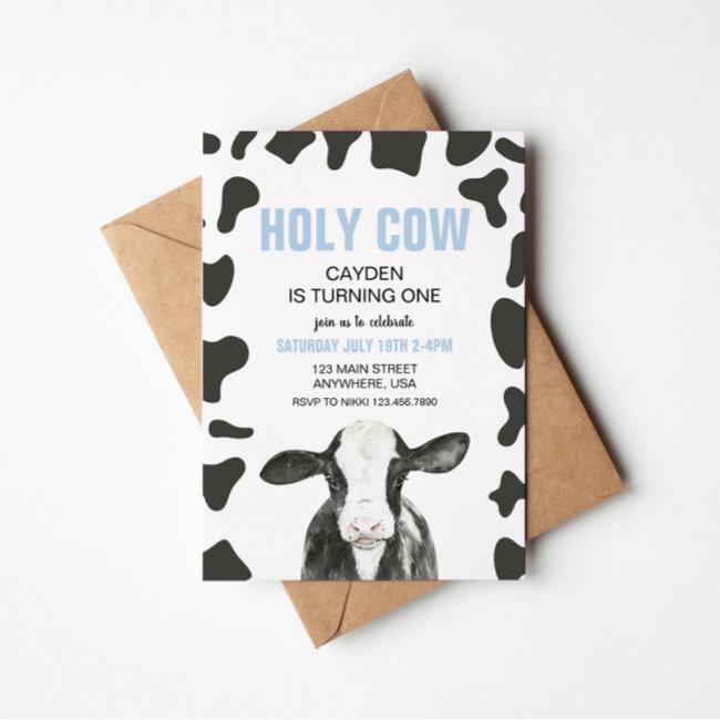 Holy Cow I'm One Blue Plaid Birthday Invitation