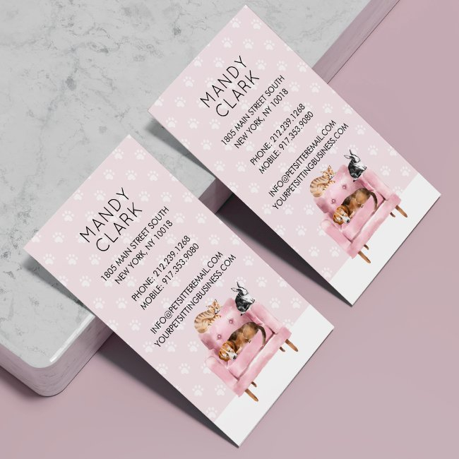 Home Pet Sitting | Dog & Cat Sleeping On Pink Sofa Business Invitations