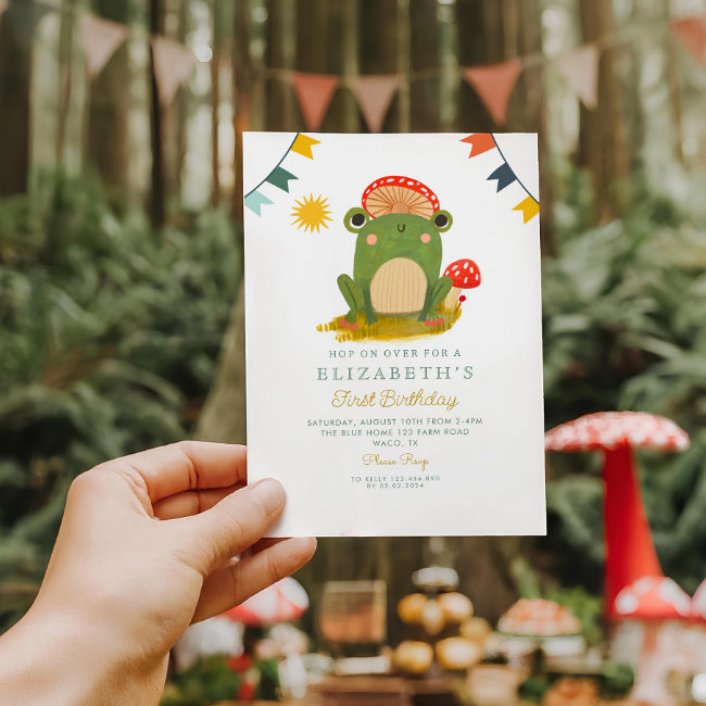 Hop On Over Frog Mushroom Birthday Invitation