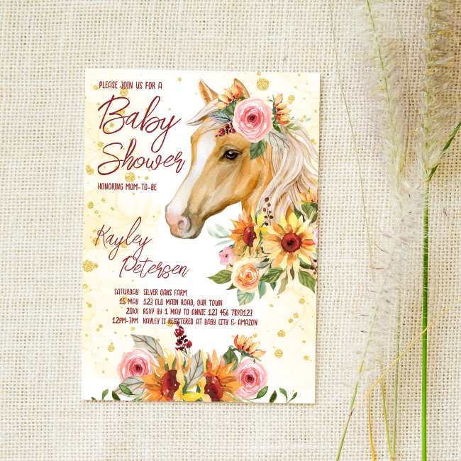 Horse Ranch Sunflowers Pink Flowers Baby Shower Invitation