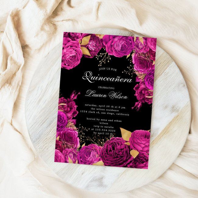 Hot Pink Exclusive Floral Photo Quinceanera Invitation