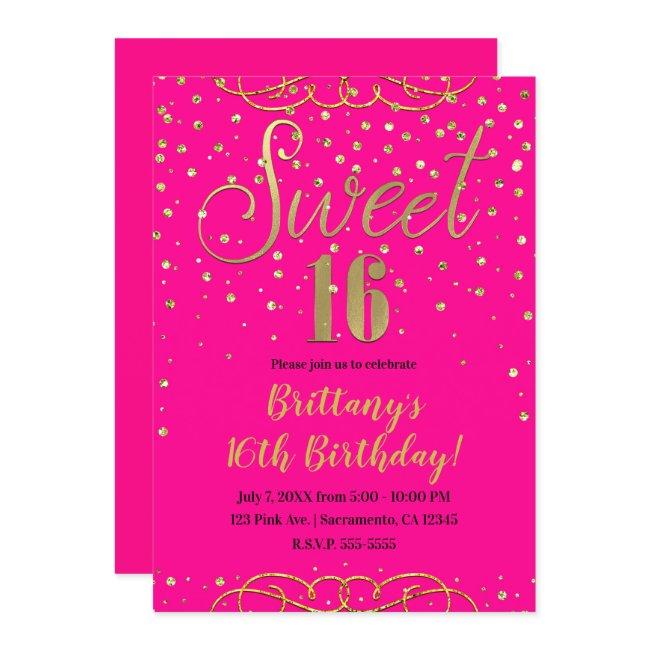 Hot Pink & Gold Glitter Modern Sweet 16 Party Invitation