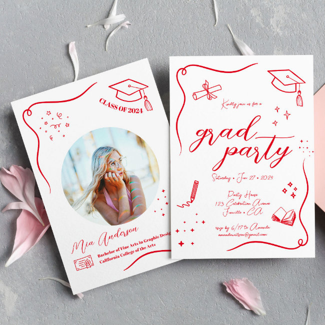 Hot Red Hand-drawn Scrible Graduation Invitation