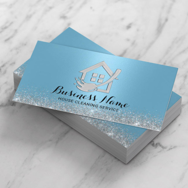House Cleaning Modern Light Blue House & Mop Logo Business Invitations