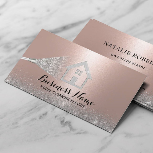House Cleaning Modern Rose Gold & Silver Maid Business Invitations