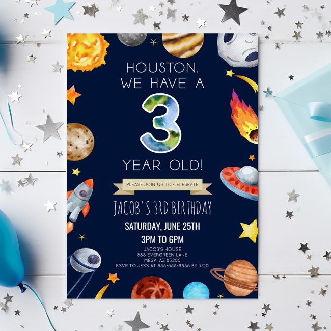 Houston We Have A 3 Year Old 3rd Birthday Party Invitation