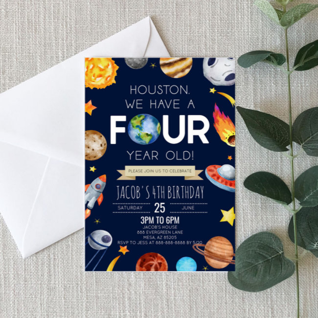 Houston We Have A Four Year Old 4th Birthday Party Invitation
