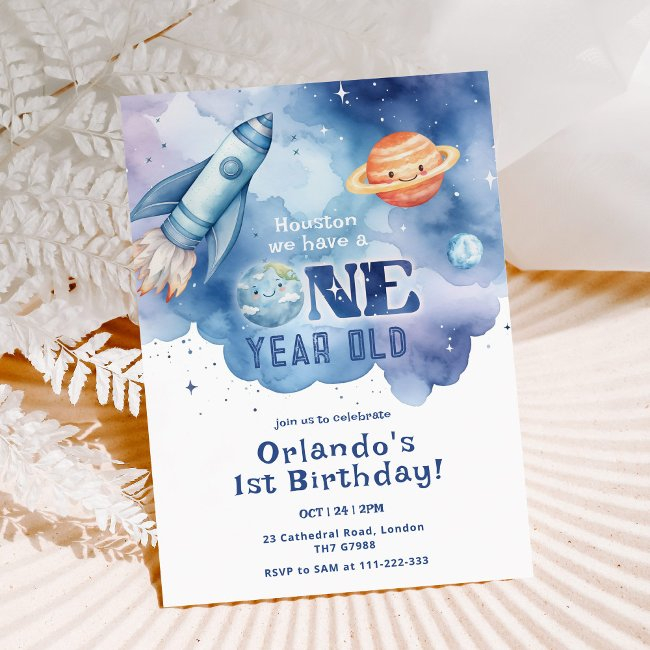 Houston We Have A One Year Old Boy 1st Birthday Invitation