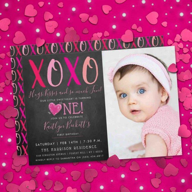 Hugs & Kisses Valentine's Day 1st Birthday Photo Invitation
