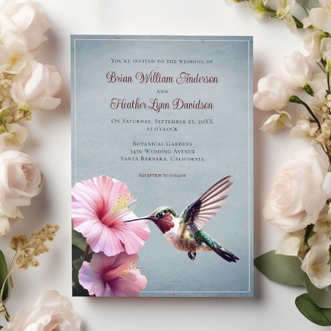 Hummingbird And Hibiscus Wedding | Blue Invitation