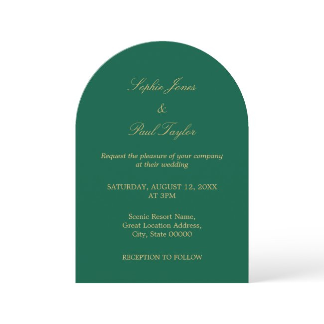 Hunter Green Golden Beige Arch Wedding Invitation