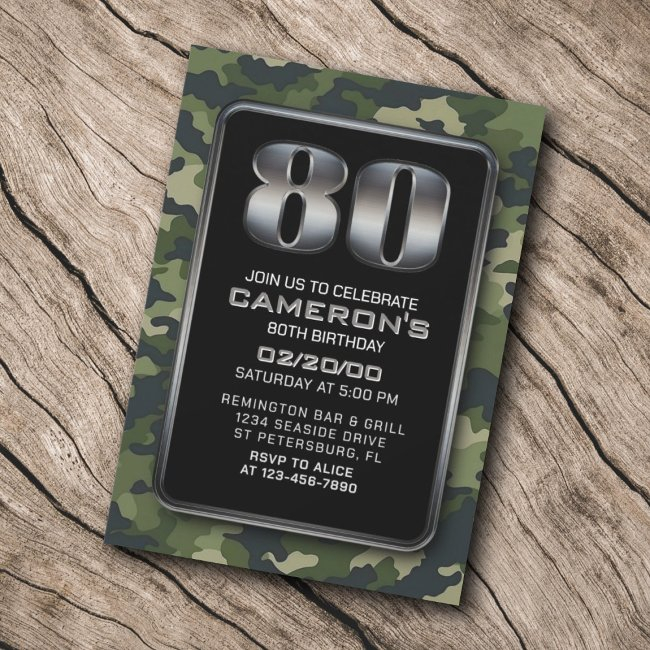 Hunting Camo Military 80th Birthday Invitation