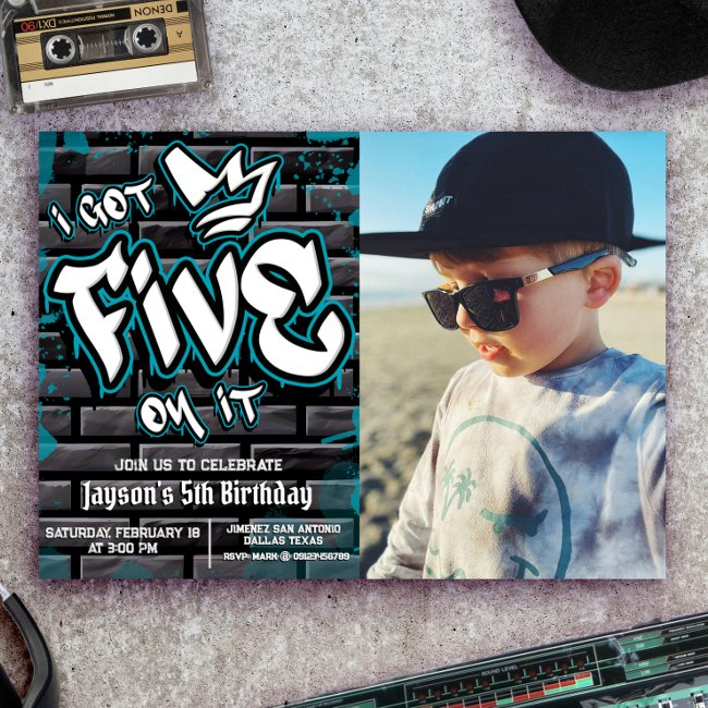 I Got Five On It - Boy 5th Birthday With Picture Invitation