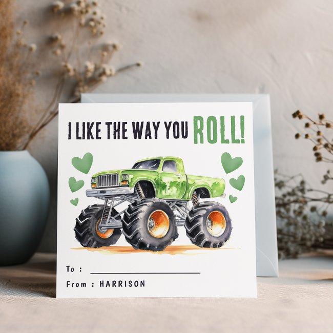 I Like The Way You Roll | Green Monster Truck Kids Holiday Invitations