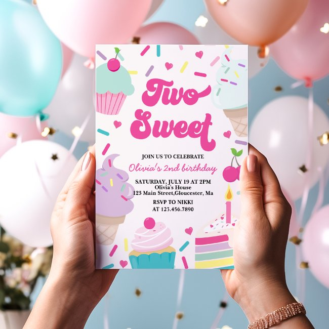 Ice Cream And Cake Two Sweet 2nd Birthday Invitation
