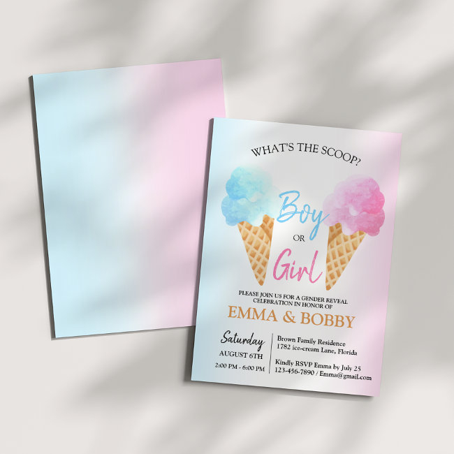 Ice Cream Gender Reveal What's The Scoop Party Invitation