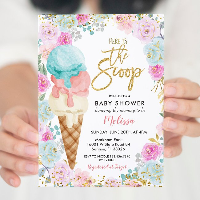 Ice Cream Pastel Flowers Baby Shower Invitation