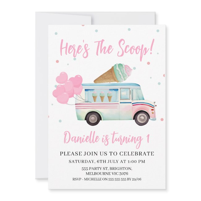 Ice Cream Van Here's The Scoop 1st Birthday Invitation