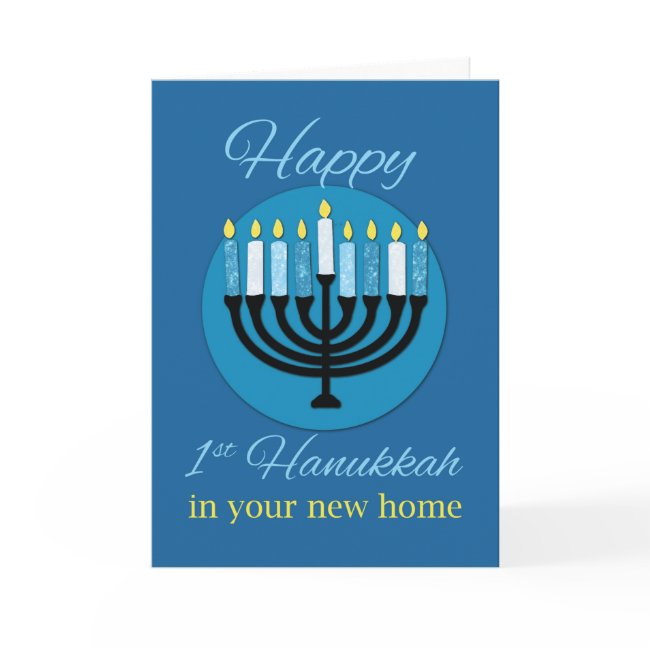 In Your New Home First Hanukkah Menorah On Blue Invitations